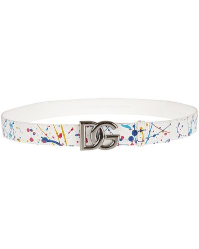 Dolce & Gabbana Paint Splash Logo Buckle Belt - White