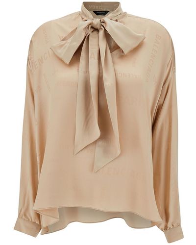 Balenciaga Oversized Shirt With Bow Detail And All-Over Jacquard Logo - Natural