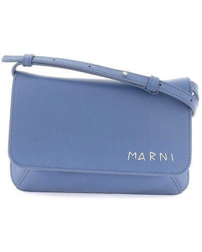 Marni Logo Embroidered Foldover Top Shoulder Bag - Blue