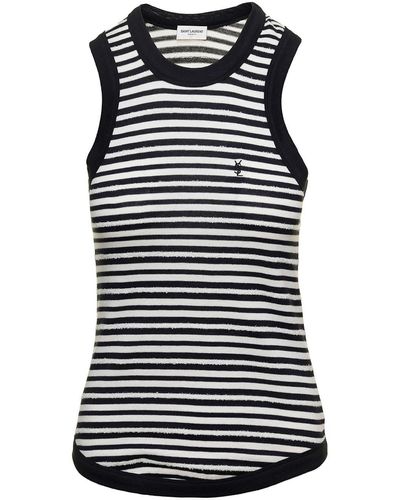 Saint Laurent Striped Cassandre Tank Top With Embroidered Logo In Black And White Cotton