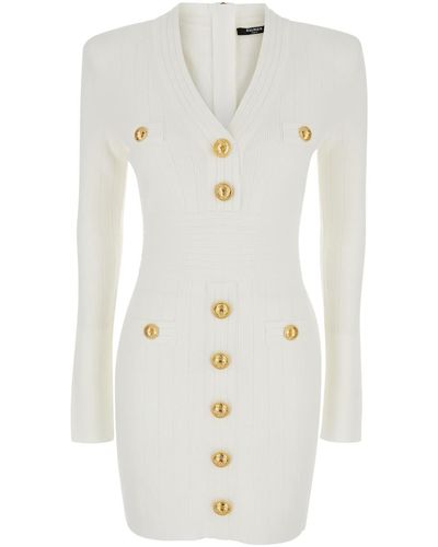Balmain Ls Buttoned Short Knit Dress - White