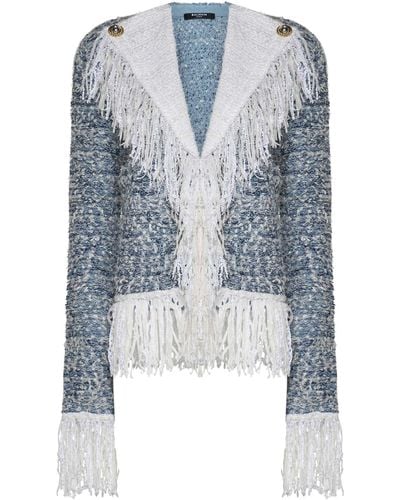 Balmain Fringed Tweed Blazer - Blue