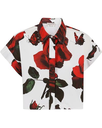 Alexander McQueen Rose-printed Short Sleeved Cropped Shirt - Red