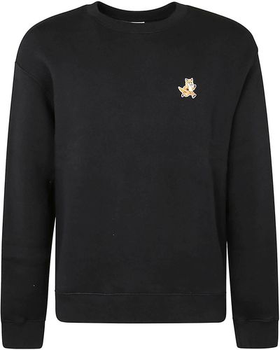 Maison Kitsuné Fox Patched Round Neck Ribbed Plain Sweatshirt - Black