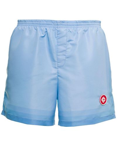 Casablancabrand Man's Light Blue Nylon Swim Shorts With Logo Patch