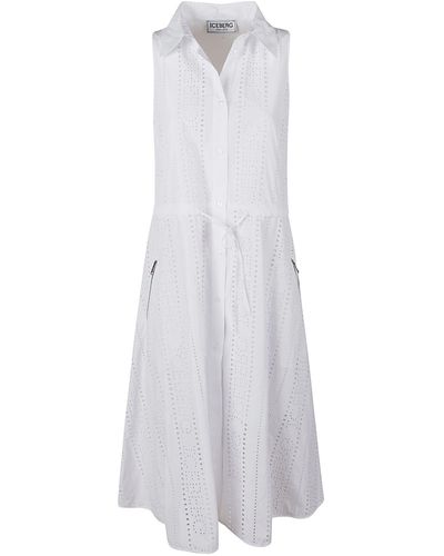 Iceberg Drawstring Waist Flare Sleeveless Dress - White