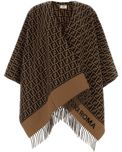Fendi Embroidered Wool Blend Cape - Brown