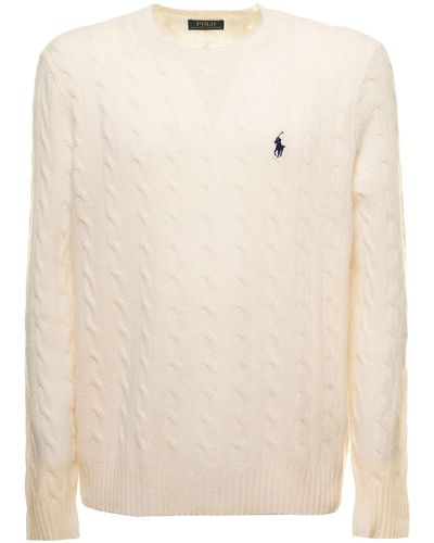 Polo Ralph Lauren White Cable-knit Crewneck Sweater With Front Contrasting Logo Embroidery In Wool And Cashmere Man - Natural