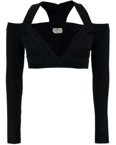 Alexander McQueen Black Cropped Top With Shoulders Cut-out In Stretch Viscose Blend