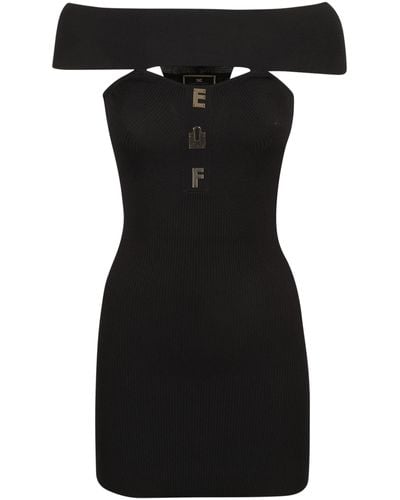 Elisabetta Franchi Logo Plaque Off-Shoulder Knit Mini Dress - Black