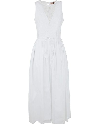 Twin Set Popeline Sleeveless Long Laced Dress With Corsage - White