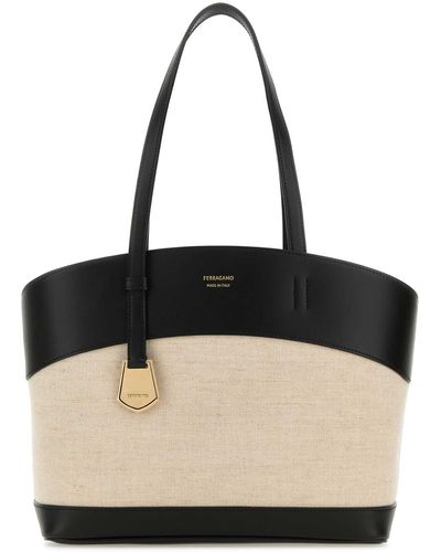 Ferragamo Two-Tone Leather And Canvas Entry S Handbag - Black