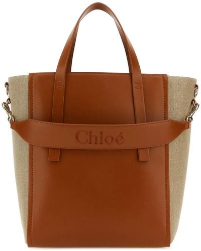 Chloé Two-Tone Linen And Leather Medium Sense Shopping Bag - Brown