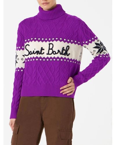 Mc2 Saint Barth Half-Turtleneck Sweater With Saint Barth Lettering - Purple