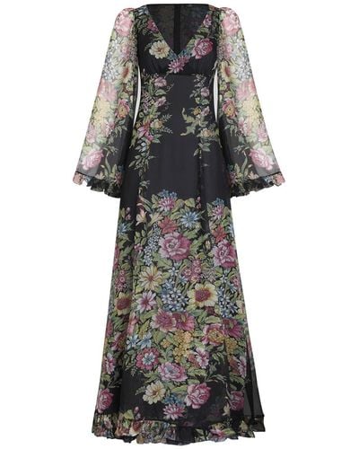 Etro Silk Long Dress With Floral Motif - Grey