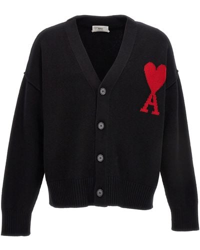 Ami Paris + Net Sustain Intarsia Merino Wool Cardigan - Black