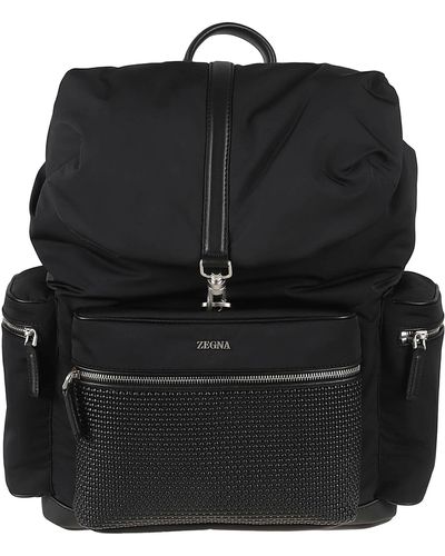 Zegna Logo Plaque Woven Panel Backpack - Black