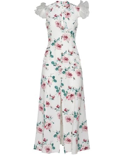 Alessandra Rich Rose Print Silk Long Dress - White