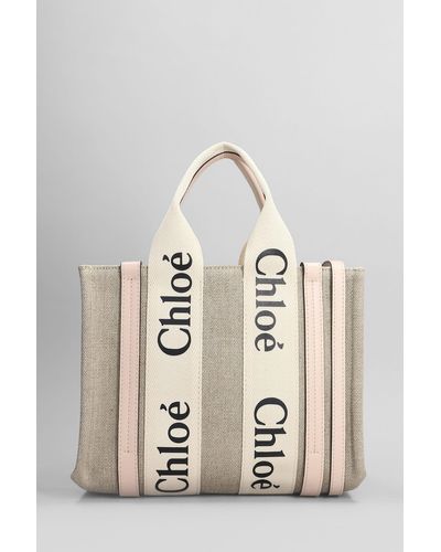 Chloé Woody Tote In Beige Linen - Natural