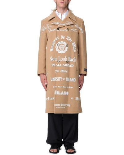 MSGM Slogan-printed Double-breasted Coat - Natural