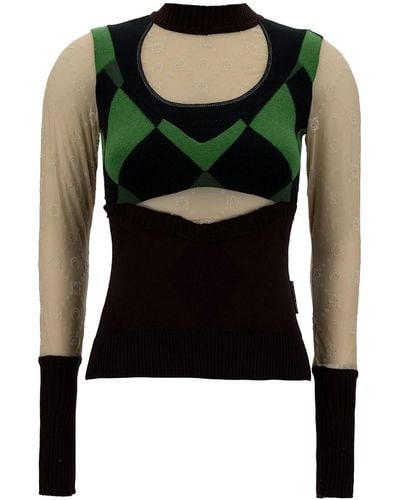 Marine Serre Sweater With Crescent Moon And Diamond Motif In Cotton - Green