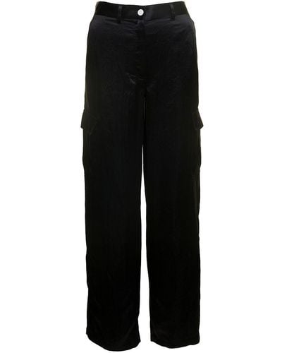 Theory Wide Leg Cargo Trousers In Satin Fabric - Black