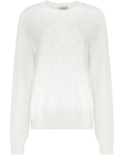 Ferragamo Long Sleeve Crew-Neck Sweater - White