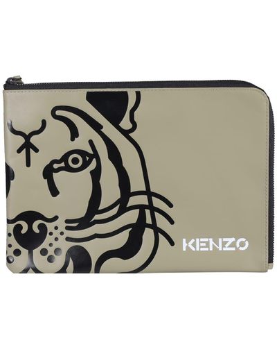 KENZO Logo Printed Zip-up Clutch Bag - Natural