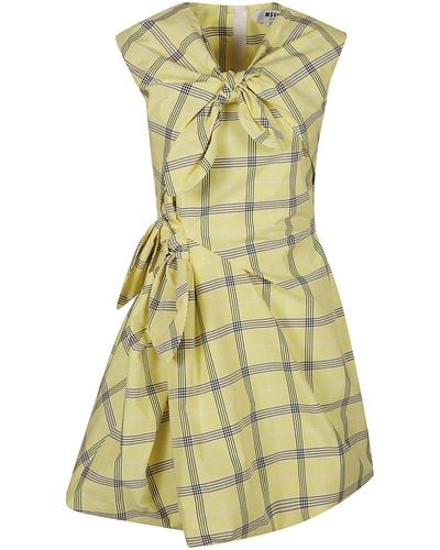 MSGM Bow Detail Check Patterned Flare Dress - Green