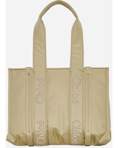 Chloé Woody Medium Leather Nylon Bag - Natural