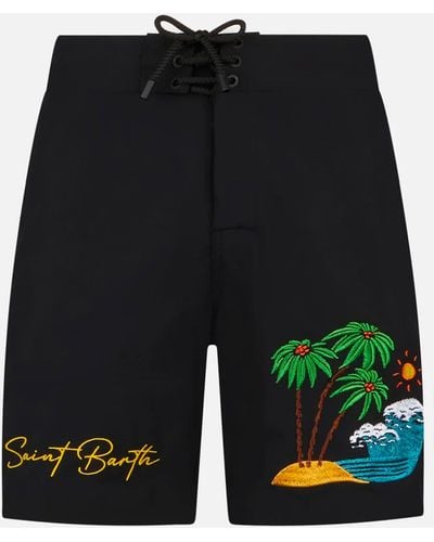 Mc2 Saint Barth Comfort And Stretch Surf Shorts With Palm Print - Black