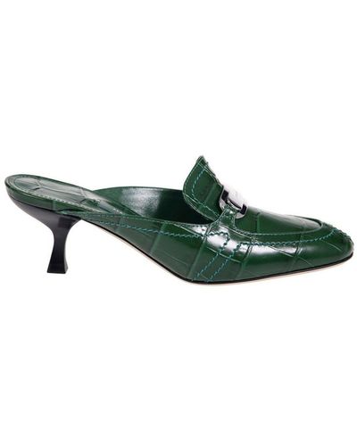 Ferragamo Embossed Round-Toe Mules - Green