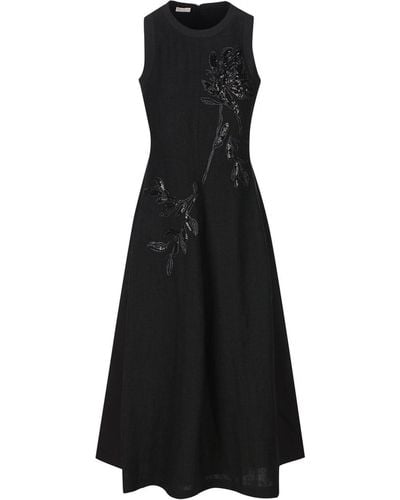 Brunello Cucinelli Floral-embellished Sleeveless Midi Dress - Black