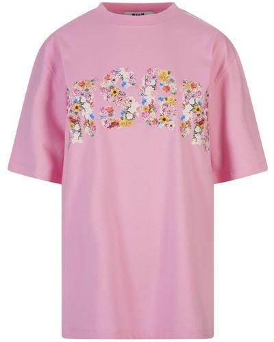 MSGM T-Shirt With Floral College Logo - Pink