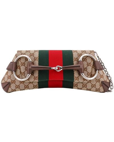 Gucci Original Gg Fabric And Leather Shoulder Bag With Iconic Horsebit And Web Band - White