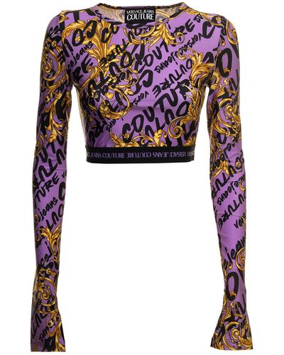 Versace Jeans Couture Long Sleeve Cropped Sweater With Brush Logo Print - Purple