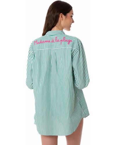 Mc2 Saint Barth Striped Cotton Shirt With Embroidery - Green