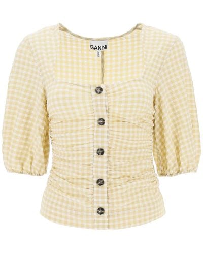 Ganni Gathered Blouse With Gingham Motif - Natural