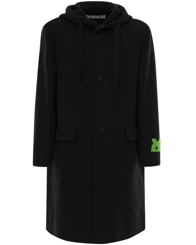 Off-White c/o Virgil Abloh Hooded Coat With Contrasting Brand Tag Detail In Cashmere - Black