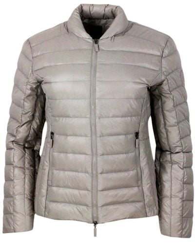 Armani Lightweight 100 Gram Slim Down Jacket With Integrated Concealed Hood And Zip Closure - Gray