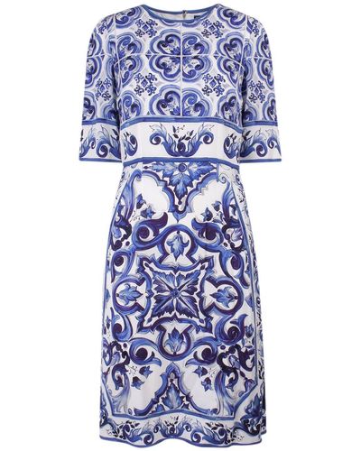 Dolce & Gabbana Majolica-Print Round Neck Midi Dress - Blue
