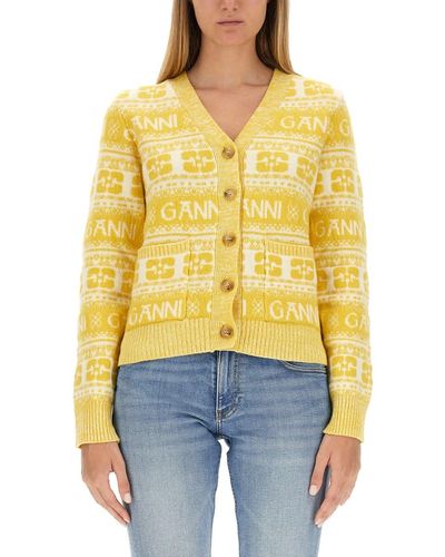 Ganni Cardigan With Logo - Yellow