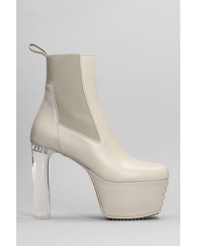 Rick Owens Minimal Grill Beatle High Heels Ankle Boots In Beige Leather - White