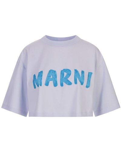 Marni Light Crop T-Shirt With Brushed Logo - Blue