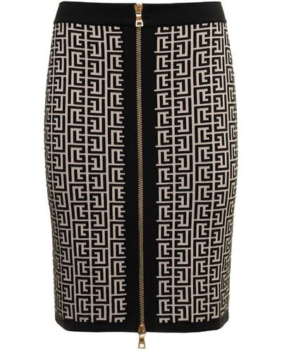 Balmain Monogram Wool Pencil Skirt With Zip - Black
