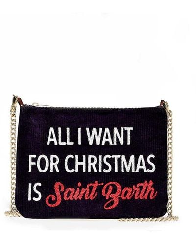 Mc2 Saint Barth Parisienne Velvet Cross-Body Pouch Bag With All I Want For Christmas Is Saint Barth Embroidery - Black