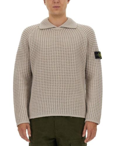 Stone Island Compass Patch Collared Jumper - Grey