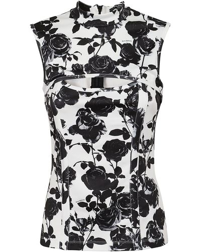 Balmain Sl High Neck B&W Roses Print Jersey Top - Black