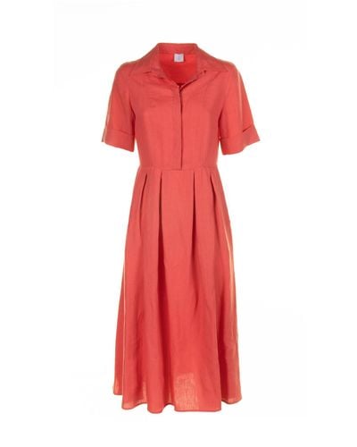 Eleventy Long Coral Half-Sleeved Linen Dress - Red