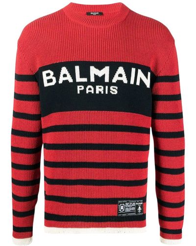 Balmain Striped Destroyed Pullover - Red